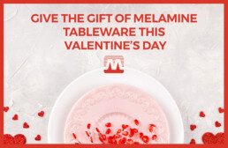 Pink and red colour theme melmamine tableware dinner setting. Pink plate with red love hearts. Bold red title text for feature image.
